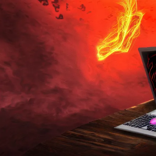 Image similar to a demon ~ using a laptop ~ lava background ~ sitting on a chair ~, 4 k, ultra hd