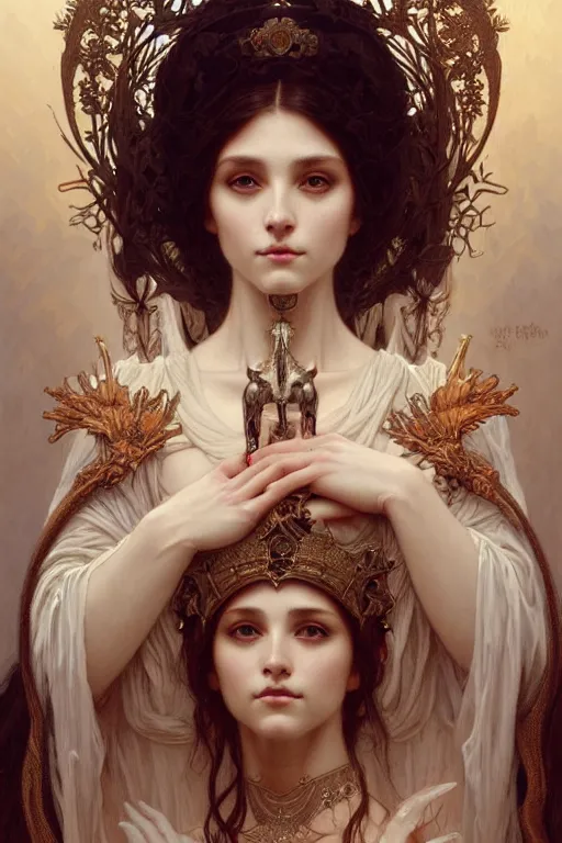 Image similar to a portrait of the bone goddess, intricate, gothic, highly detailed, digital painting, crown of skulls, artstation, smooth, sharp focus, illustration, art by artgerm and greg rutkowski and alphonse mucha and william - adolphe bouguereau