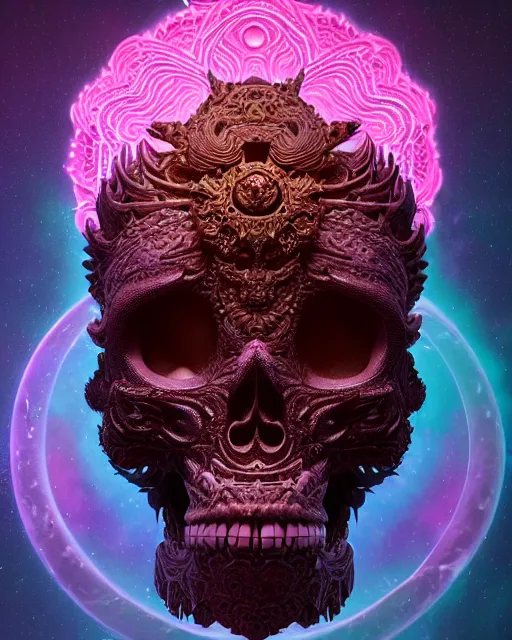 Prompt: 3 d ornate carved dark cosmic goddess with profile portrait, sigma 5 0 0 mm f / 5. beautiful intricate highly detailed quetzalcoatl skull. bioluminescent, plasma, lava, ice, water, wind, creature, thunderstorm! artwork by tooth wu and wlop and beeple and greg rutkowski, 8 k trending on artstation