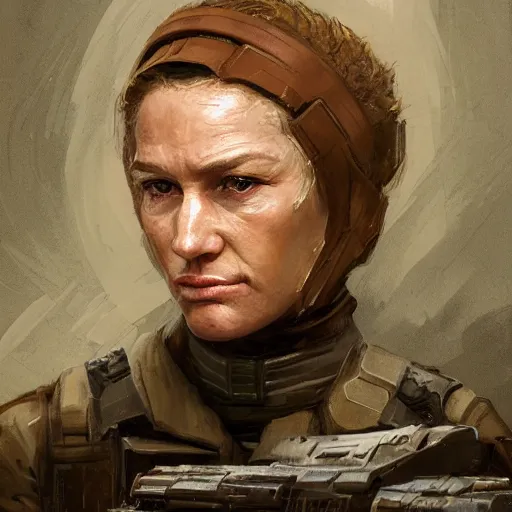 Image similar to portrait of a woman by greg rutkowski, she is a mixture between slav and samoan features, blonde short hair, she is about 7 0 years old, impeccable military composure, wearing tactical gear of the galactic alliance, star wars expanded universe, highly detailed portrait, digital painting, artstation, concept art, smooth, sharp foccus ilustration, artstation hq