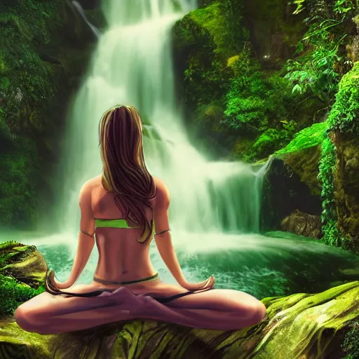 Image similar to a long green ponytail girl meditating on a rock in front of a waterfall, beautiful face, pretty face, digital art, hyper detailed, serene, jungle aesthetic