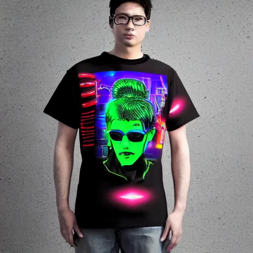 Image similar to mockup of a black tshirt with a hyperdetailed portrait of a cyberpunk robot by hajime sorayama, 8 k, symetrical, flourescent colors, happy trippy mood, multicolored,