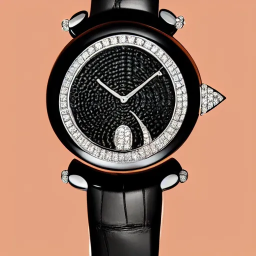 Prompt: van cleef and arpels wristwatch studded with rubies and topaz on a carbon fiber black background detailed watch hands javanese numerals, photorealistic photograph human skin wrist band