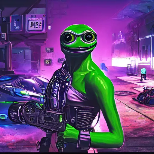 Prompt: pepe frog cyborg cybernetic pepe frog Cyberpunk 2077. CP2077. 3840 x 2160