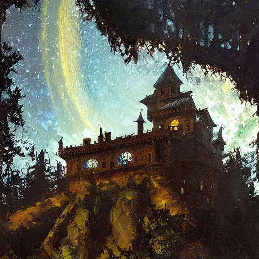 Prompt: a renaissance castle in a forest with a glowing night sky, upward angle, by craig mullins