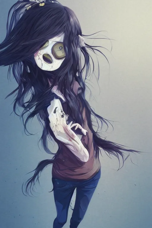 Prompt: urban school zombie girl in tattered clothes running away fanart, dark blue long hair, muted colors, matte print, pastel colors, ornate, digital art, cute smile, digital painting, fan art, elegant, pixiv, by Ilya Kuvshinov, by Studio Ghibli