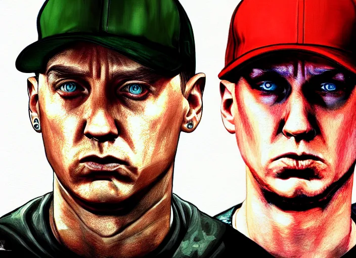 Image similar to eminem in gta v covert art painted by stephen bliss, centered, uncropped, full body, symmetrical face, crispy, trending on artstation, deviantart