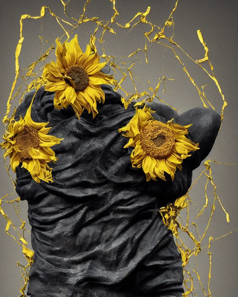 Image similar to symmetrical painting of a fractured obsidian greek statue of a sunflower fixed with kintsugi, rendered in octane trending on cgsociety. extremely detailed and intricate art