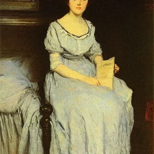 Prompt: young victorian lady in nightgown, painting by alfred stevens