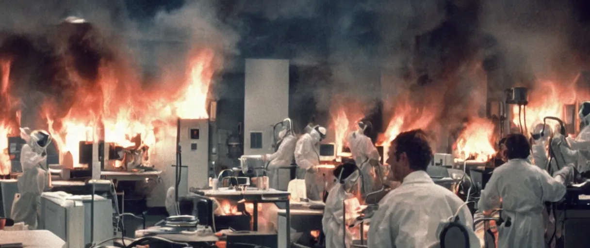 Image similar to filmic closeup dutch angle movie still 4k UHD 35mm film color photograph of a small crowd of doctors burning alive inside of a science lab , in the style of a 1980s horror film