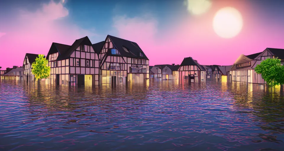 Prompt: 80s vaporwave outrun 3d Render of a german town being flooded at dusk, retro, grainy, noisy