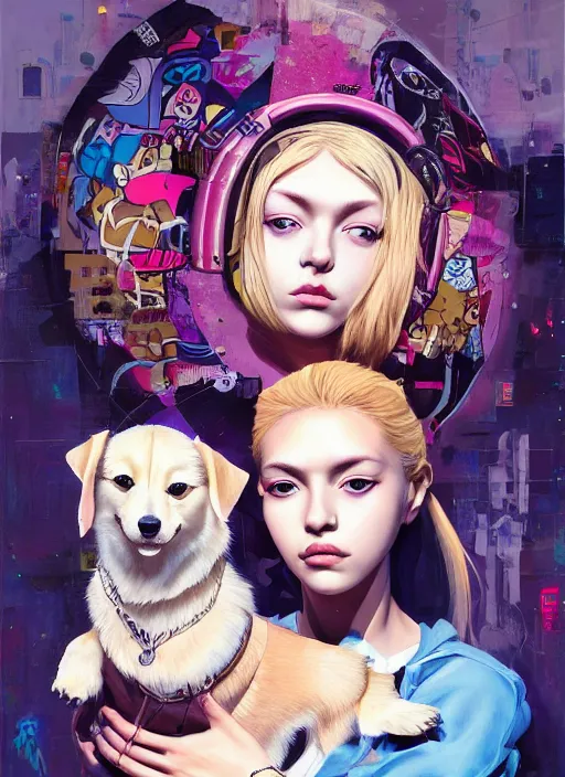 Prompt: beautiful portrait painting of a beautiful attractive lofi blonde cyberpunk princess and her corgi assassin king, by Afarin Sajedi, Alessandro Barbucci, Alex Gross, Shin Jeongho, Shohei Otomo. trending on Artstation, 8k, masterpiece, face enhance, graffiti paint, fine detail, full of color, intricate detail, golden ratio illustration