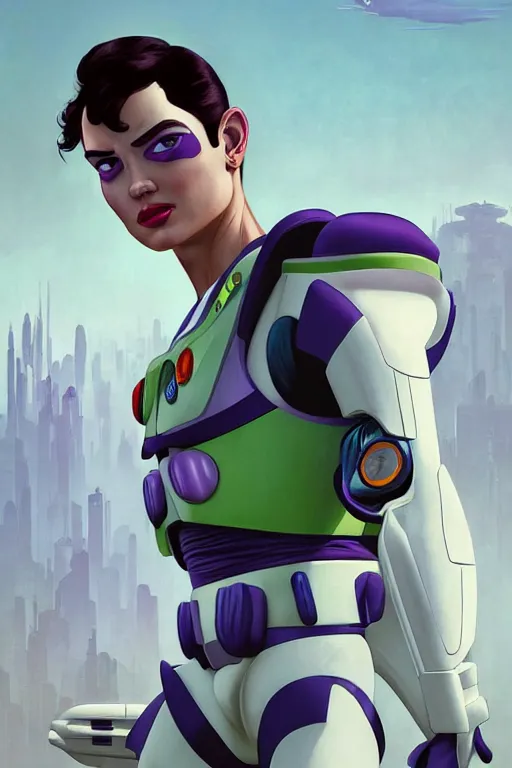 Image similar to gta buzz lightyear as aeon flux profile picture by greg rutkowski, dynamic pose, flat matte painting, intricate, futuristic, fantasy, elegant, by stanley artgerm lau, greg rutkowski, thomas kindkade, alphonse mucha, loish, norman rockwell, fantasy lut, asymmetric, long hair, retro computer graphics, video game, fluid lines,