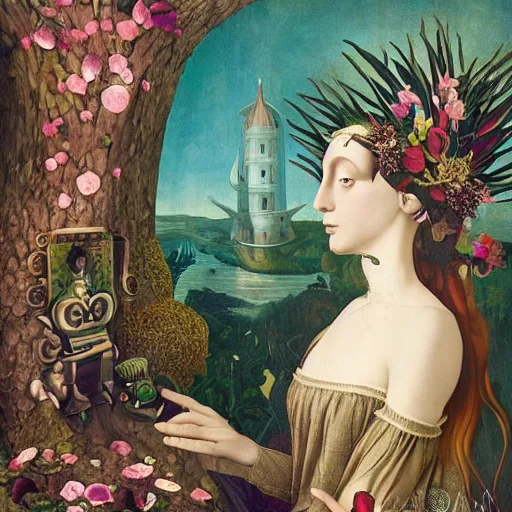 Image similar to a detailed portrait of young woman in renaissance dress and a surreal renaissance headdress, very surreal garden, cyberpunk, surreal tea party, strange creatures, by christian schloe and botticelli, naotto hattori, amy sol, roger dean, moody colors