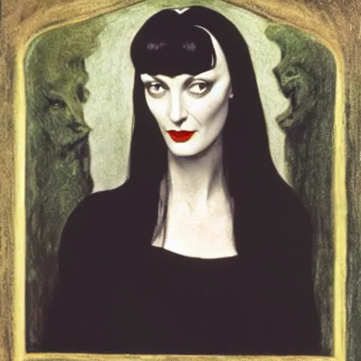 Image similar to portrait still of morticia addams, art style by millais,