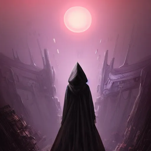 Prompt: hooded figure standing at the edge of reality gazing into the unknown, sunset on distant machine planet, steampunk, cyberpunk, detailed digital painting, smooth, sharp focus, artstation, artgerm, 4 k ultra hd, fantasy dark art