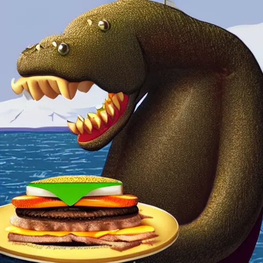 Prompt: anthropomorphic lochness monster eating a cheeseburger