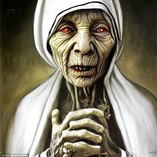 Prompt: a hyperrealistic painting of mother theresa as a zombie, by santiago caruso, highly detailed, sharp focus,