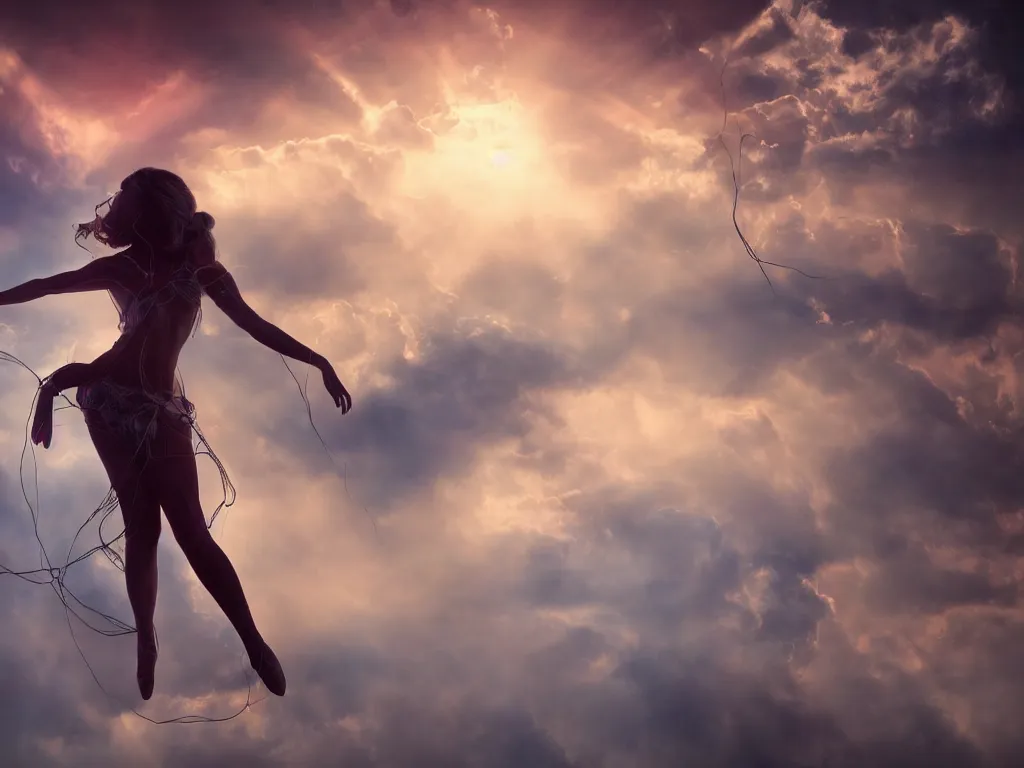 Prompt: a dancer in a rgb backlit environment, heavenly, cables, pc cooling equipment, clouds, mist, realistic