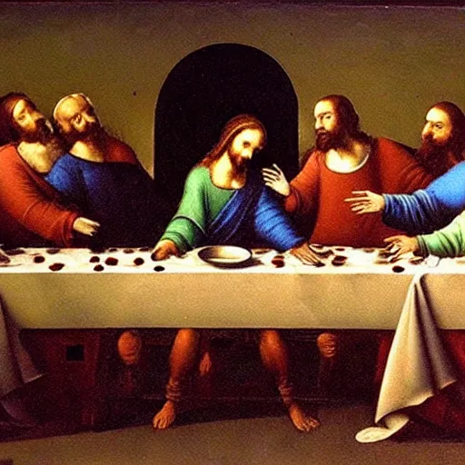 Image similar to high quality oil painting by leonardo da vainci, last supper with raven birds