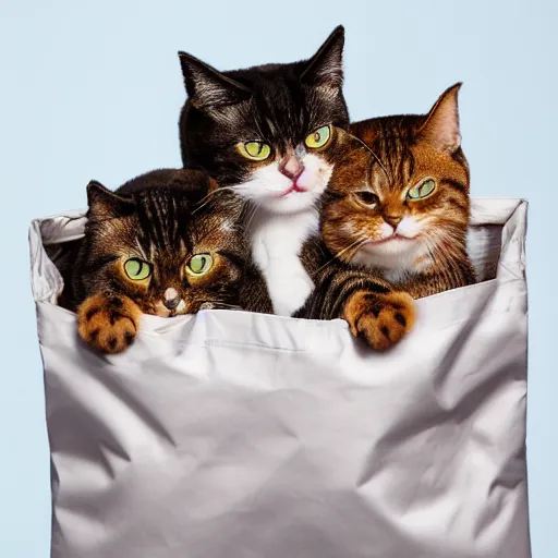 Image similar to a highly detailed photo of multiple furry cats inside a big bag, white background, studio lighting, 4 k, 8 k