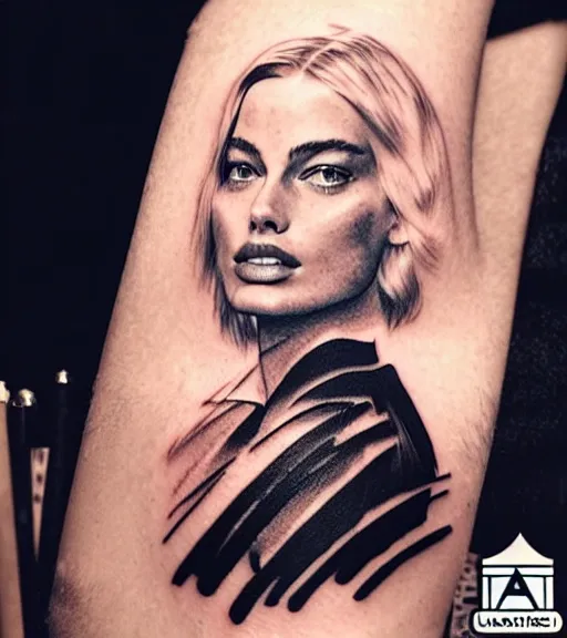 Image similar to mash up tattoo sketch of margot robbie with beautiful mountain scenery, double exposure effect, in the style of arlo dicristina, hyper realism, amazing detail, sharp