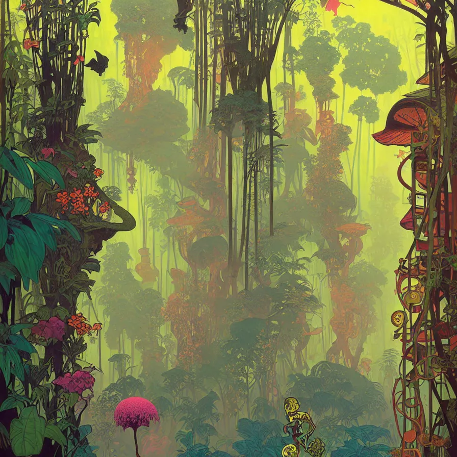 Prompt: surreal glimpse, malaysia jungle, summer morning, very coherent and colorful high contrast pastel art by gediminas pranckevicius alphonse mucha james gilleard james gurney floralpunk screen printing woodblock, dark shadows, hard lighting, stippling dots, art nouveau