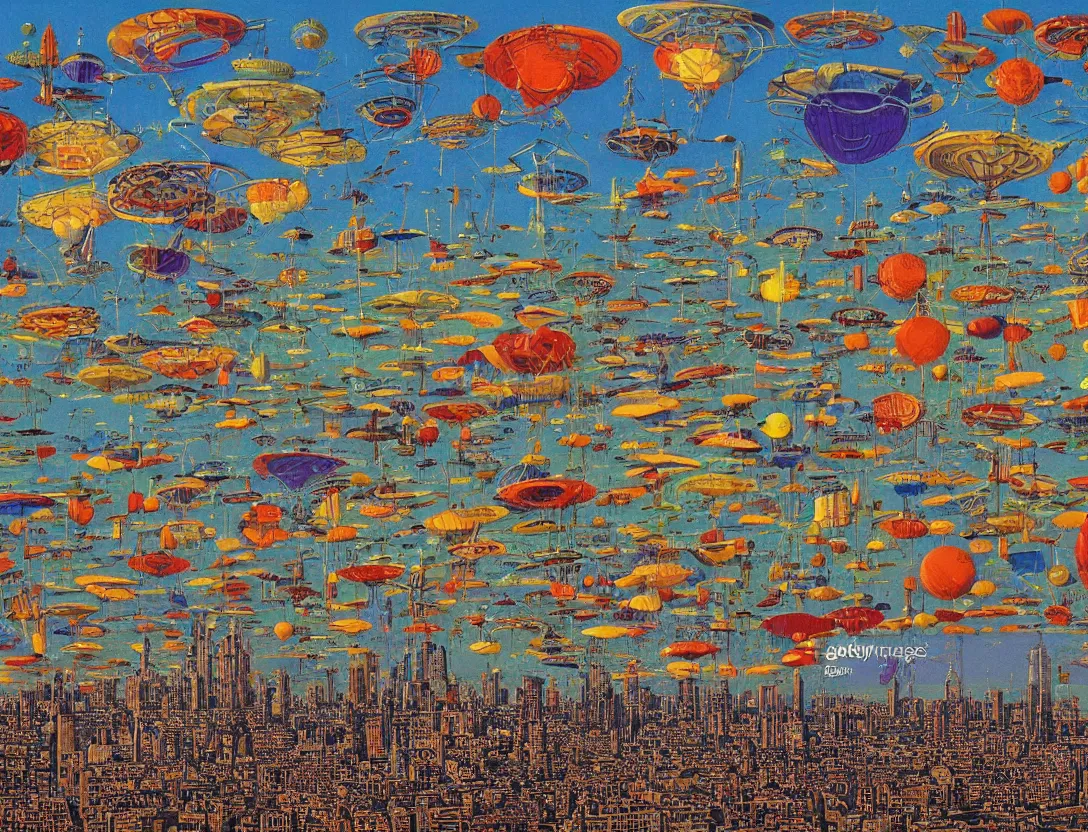 Image similar to ufos flying mysterious banners over the city, by mati klarwein and moebius