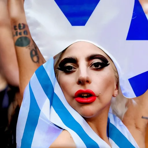 Image similar to Lady Gaga as President, Argentina presidential rally, Argentine flags behind, bokeh, epic photo, detailed face, Argentina