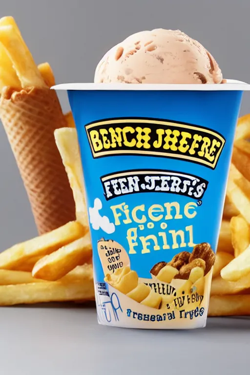 Prompt: french fries flavoured ben and jerry's ice cream, product photo, professional