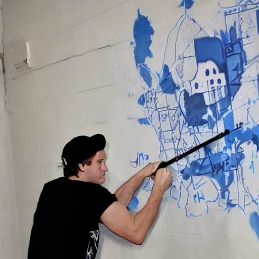 Image similar to jack white spraying graffiti over a map of yugoslavia