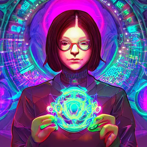 Image similar to skill magic geek inside matrix deepdream radiating a glowing aura stuff loot legends stylized digital illustration video game icon artstation lois van baarle, ilya kuvshinov, rossdraws,