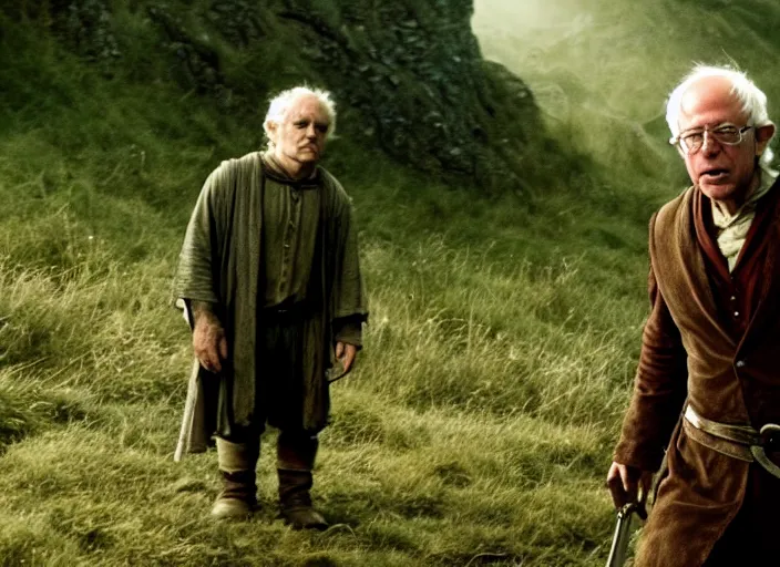 Image similar to film still of bernie sanders as frodo in lord of the rings movie, 8 k