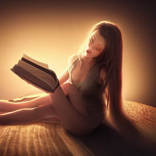 Prompt: ! dream a girl reading a book, her hair flowing down, hyper - realistic, very detailed, intricate, slight smile expression, photo realistic, dramatic cinematic lighting, octane render, 4 k, ultra detailed