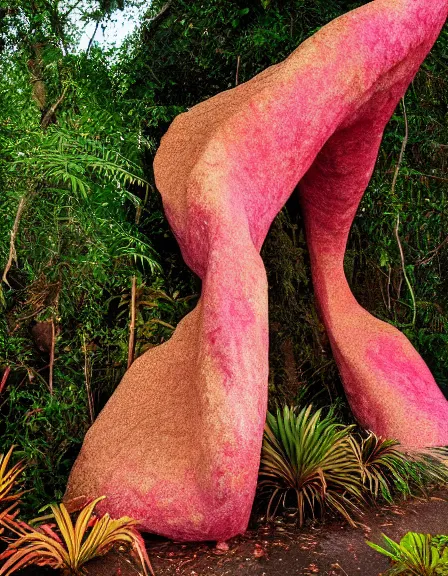 Image similar to vintage color photo of a giant 1 1 0 million years old abstract sculpture made of liquid pink and gold covered by the jungle vines