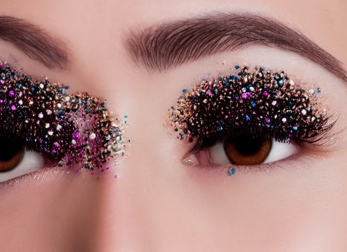 Image similar to high - end cosmetic photography of close up of eyes with sprinkles mascara