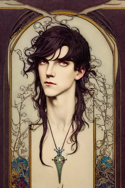 Image similar to edmund dulac, leyendecker, highly detailed portrait, a beautiful androgynous sebastian michaelis, long hair, tall and thin, wearing several pendants, art nouveau, stephen bliss, unreal engine, by greg rutkowski, loish, ferdinand knab, ilya kuvshinov, rossdraws, tom bagshaw, alphonse mucha, global illumination, radiant light