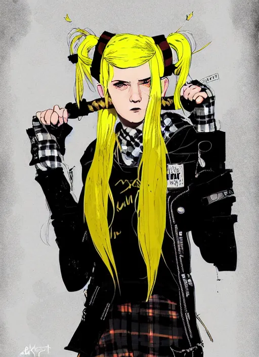 Image similar to highly detailed closeup portrait of a sewer punk pretty swedish female road warrior student, tartan garment, blonde hair pigtails with headband by atey ghailan, by greg rutkowski, by greg tocchini, by james gilleard, by joe fenton, by kaethe butcher, gradient yellow, black, brown and white color scheme, grunge aesthetic!!! white graffiti tag wall background