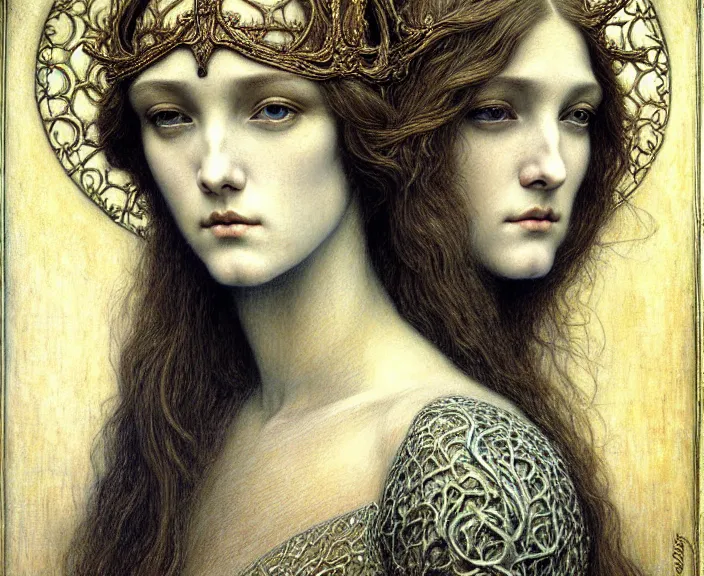 Image similar to detailed realistic beautiful young medieval queen face portrait by jean delville, gustave dore and marco mazzoni, art nouveau, symbolist, visionary, gothic, pre - raphaelite. horizontal symmetry