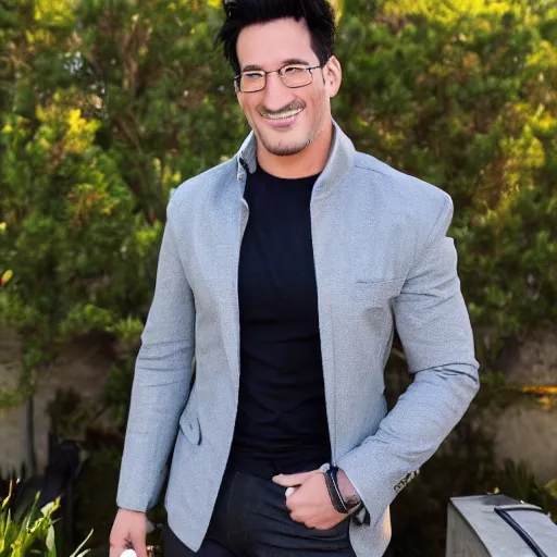 Image similar to a high quality photo of handsome markiplier, gigachad