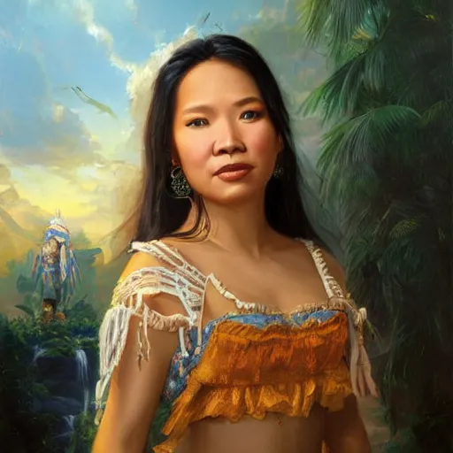 Image similar to portrait of an philipino woman ( 3 5 ) from the philippines in 2 0 2 1, an oil painting by ross tran and thomas kincade