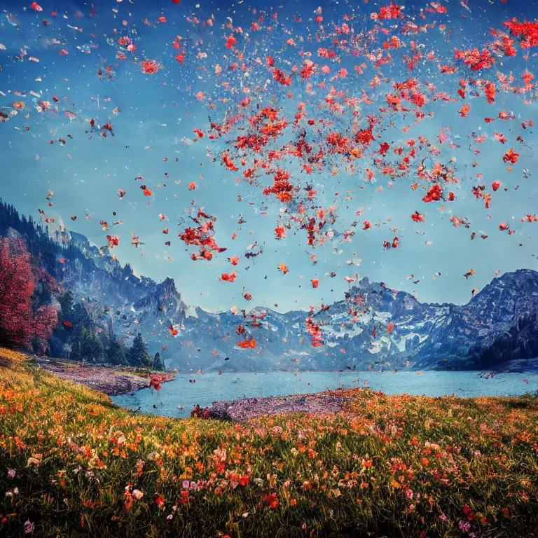 Image similar to a beautiful awesome artistic tree with falling flowers like leaves and many birds, all in the amazing outdoors view, mountain in the background, lake, long exposure, 8 k resolution, trending on artstation