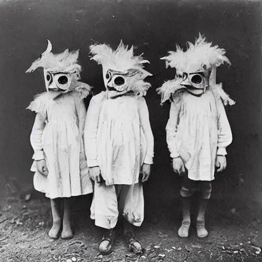 Image similar to portrait of children wearing chicken masks, photograph, style of atget, 1 9 1 0, creepy, dark