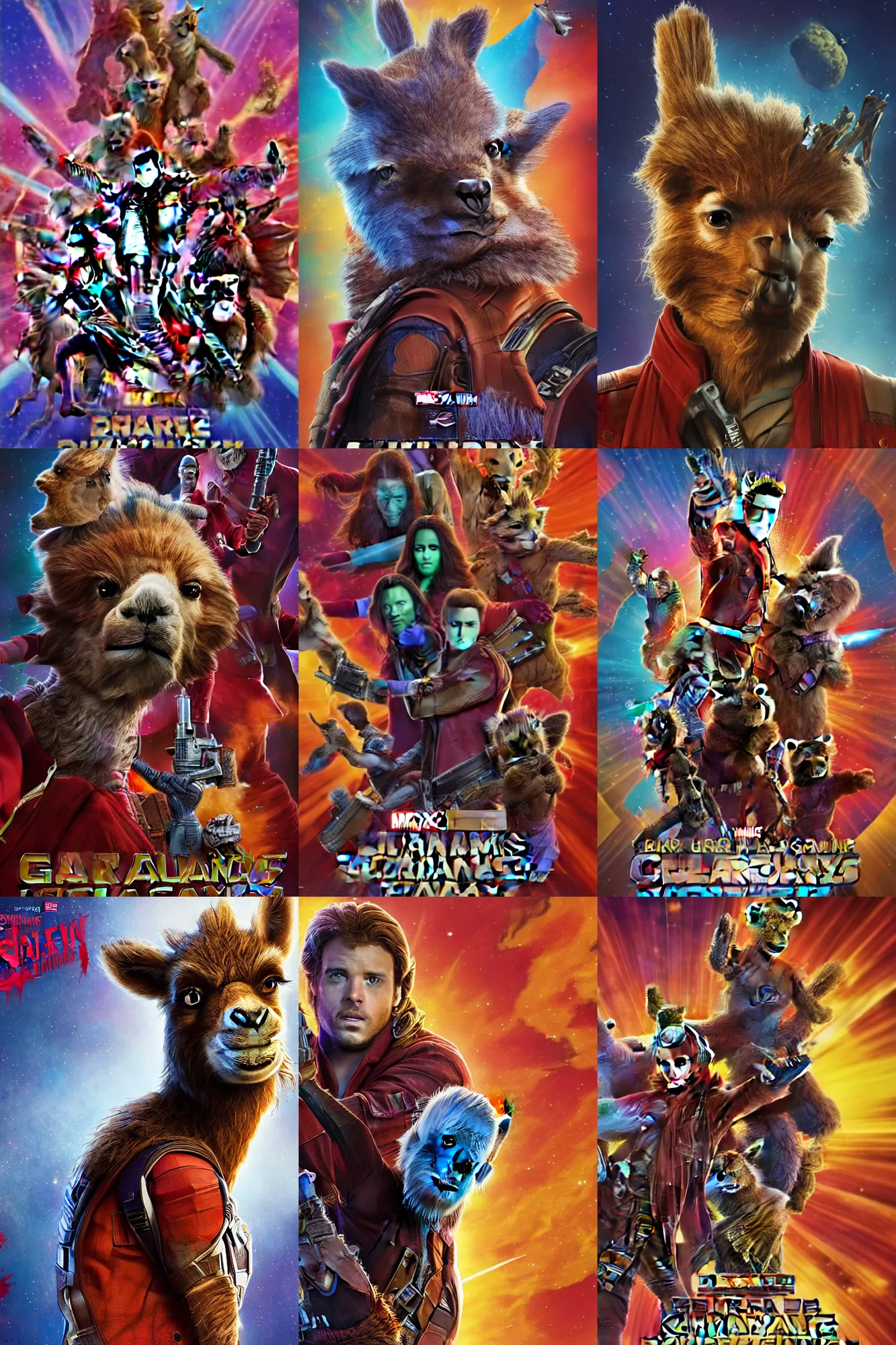 Prompt: portrait of solo llama character in guardians of the galaxy movie, marvel, llama portrait, all rights reserved