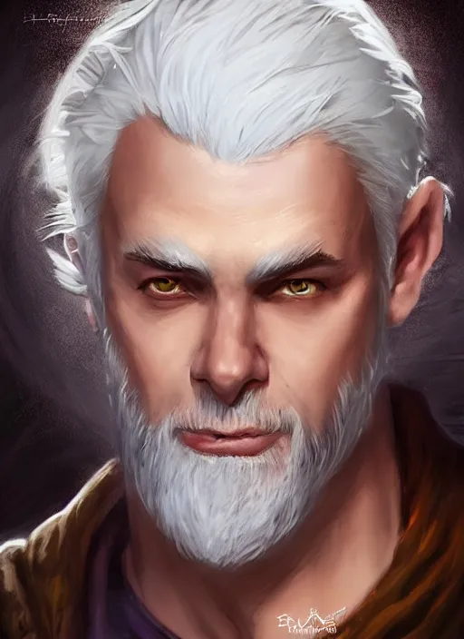 Image similar to man with white hair and white goatee, dndbeyond, bright, colourful, realistic, dnd character portrait, full body, pathfinder, pinterest, art by ralph horsley, dnd, rpg, lotr game design fanart by concept art, behance hd, artstation, deviantart, hdr render in unreal engine 5