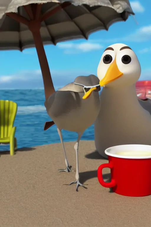 Image similar to Seagull Pixar character and a cup of coffee in the beach, Up movie style, 3d render