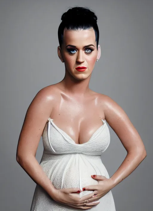 Image similar to cinematic photography of pregnant katy perry in a white dress, intricate, elegant, highly detailed, smooth, sharp focus, symmetrical face, fine details, masterpiece, trending on artstation, 4 k hdr 3 5 mm photography