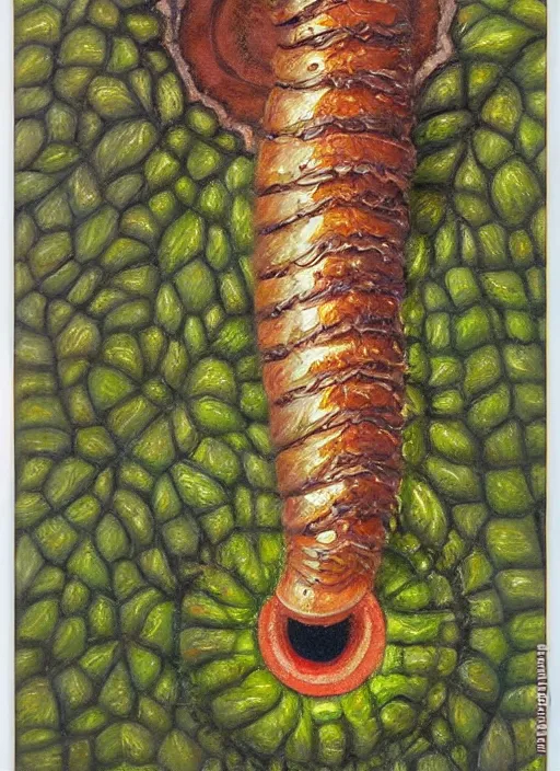 Prompt: Oil painting - a regular earthworm with a tiny little crown peeking out form a hole, Masterpiece, Wolfgang Lettl highly detailed, hints of Yayoi Kasuma