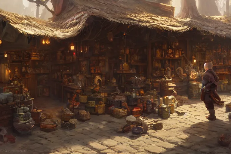 Prompt: a successful rich halfling merchant, in front of his stall filled with wares. a crowd is amassed before, matte painting by craig mullins and noah bradley, trending on artstation