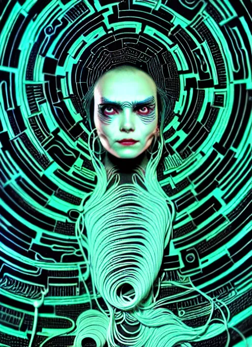 Image similar to highly detailed portrait of a biopunk long curly white hair tribal lady, stray wiring by atey ghailan, james gilleard, by joe fenton, by greg rutkowski, by greg tocchini, by kaethe butcher, 4 k resolution, gradient green, black and white color scheme!!! ( ( irradiated robotic spiral whirlwind background ) )